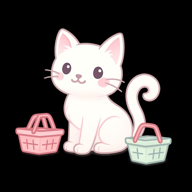 Gatinho Meoww com cestinhas de compras